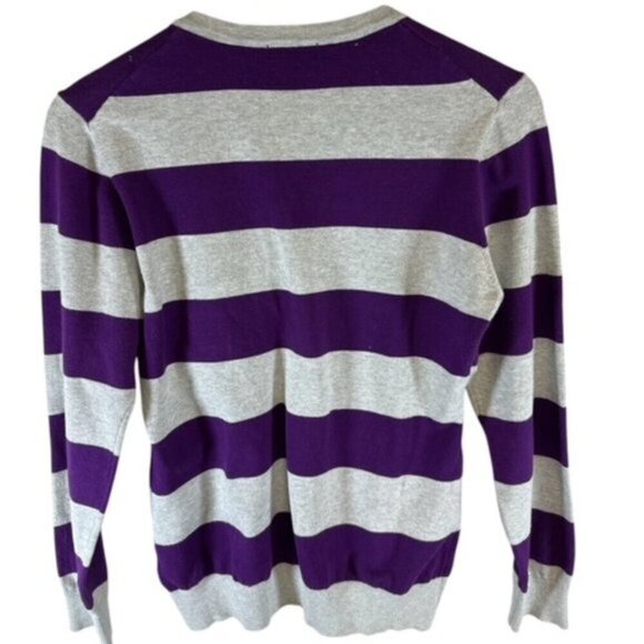 US Polo Assn Women’s  Knit V Neck Sweater Gray Purple /White Striped Preppy M - Picture 2 of 9